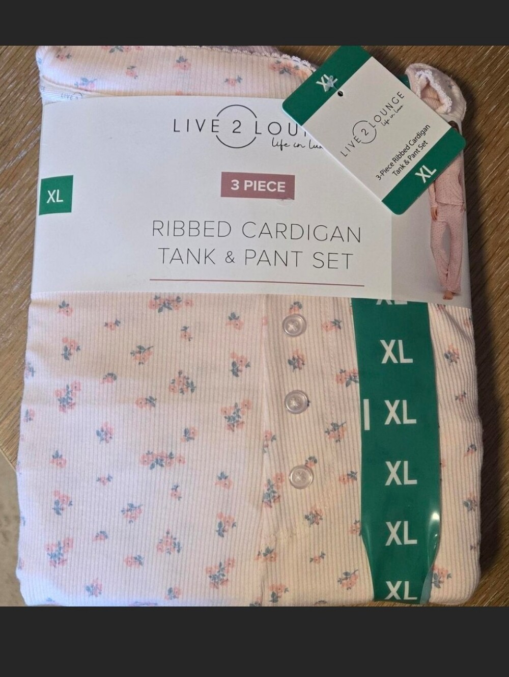 Live To Lounge XL Pink Floral Ribbed Cardigan Tank & Pant Set - 3 Piece